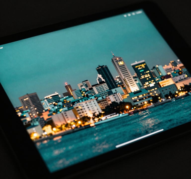 An artistic shot of a digital tablet reflecting the city lights of Algiers at night, showing a blurred professional application screen. High contrast, sea green and black color palette.