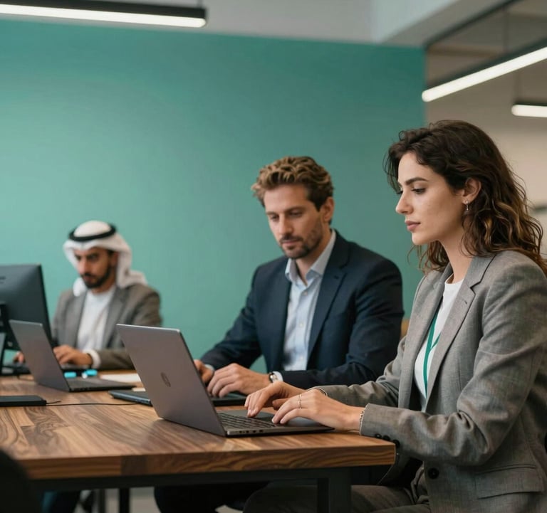 A stylish, professional shot of a modern co-working space with clean lines, dark wood, and sea green accents. Two business professionals in North African / Algerian & European / French attire are seen in a blurry background, symbolizing a collaborative fintech environment.