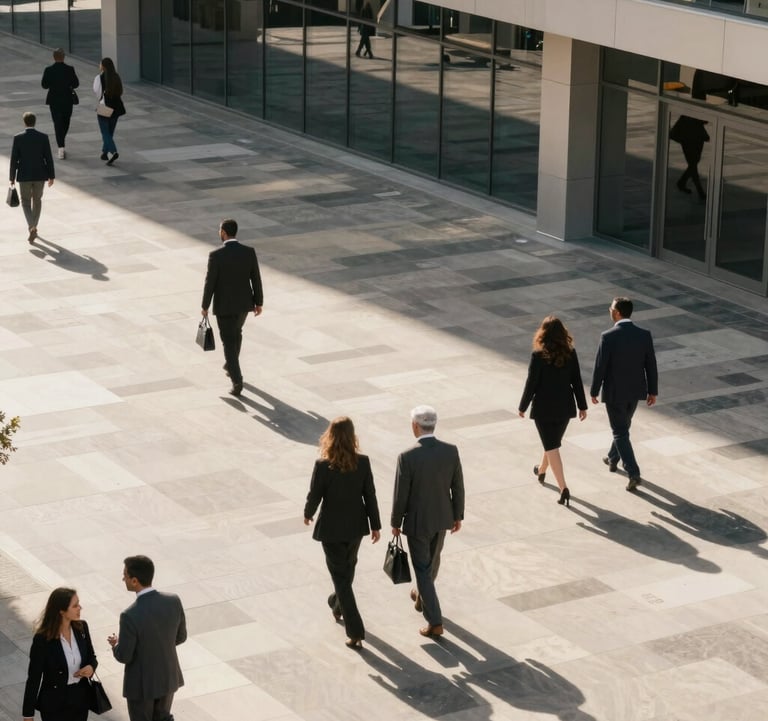 A top-down architectural photograph of a modern financial district plaza where North African and European business professionals are walking and talking. Soft shadows and a clean, high-contrast aesthetic.