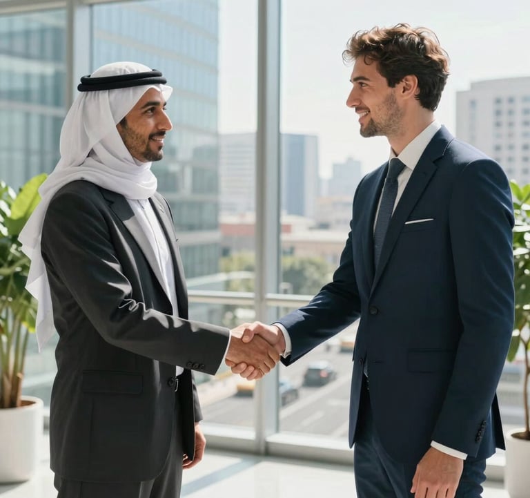 Two business partners, one in North African business attire and one in European style, shaking hands in a bright, modern glass office overlooking a bustling city. The atmosphere is optimistic and professional. Bright, clean lighting with green plant accents.