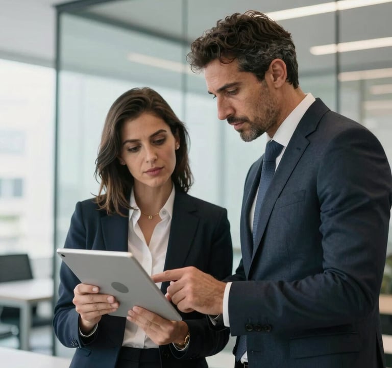 Two business partners in professional attire discussing a project over a tablet in a bright, modern glass-walled office, sophisticated atmosphere, North African / Algerian & European / French.