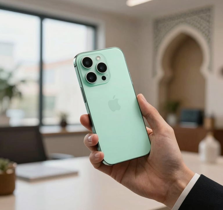 A professional close-up photograph of a person's hands holding a sleek smartphone in a high-end office. The environment reflects a mix of North African / Algerian and European / French decor. Soft natural lighting from a large window, focused on the device which glows with a soft light green hue.
