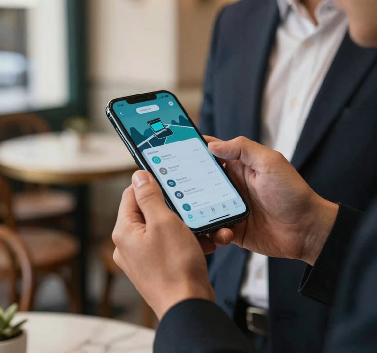 Close-up of a person in professional attire in an Algerian cafe using a high-end smartphone to make a quick mobile payment via a modern app. The focus is on the seamless interaction and the premium device. Soft natural light, high-end lifestyle photography.