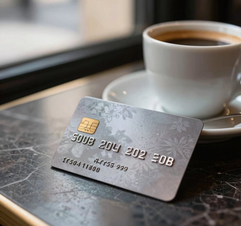 A close-up lifestyle shot of a high-end metal debit card resting on a dark marble surface next to a cup of espresso in a chic Parisian cafe. Soft morning sunlight filtering through the window.