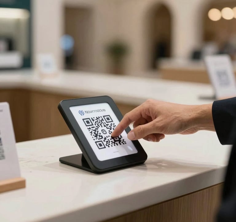 A close-up photo of a hand scanning a QR code at a stylish, modern retail counter, soft daylight, professional fintech photography style, North African / Algerian & European / French setting.