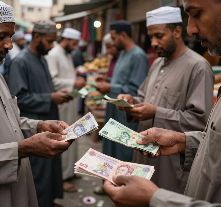 Photography of a busy marketplace in Algeria where people are exchanging paper currency, capturing the traditional cash-heavy economy that EcoPay aims to modernize.