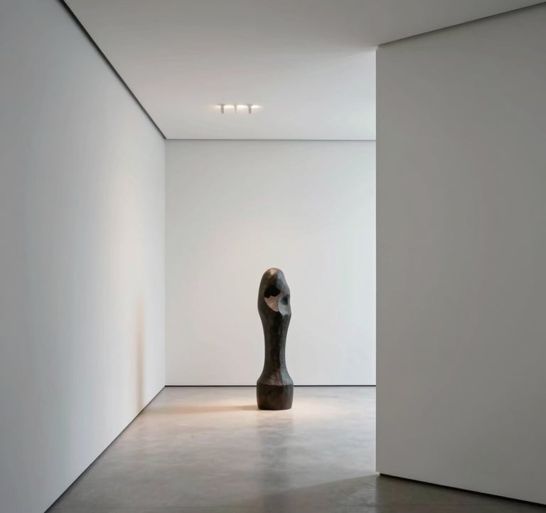 A close-up photograph of a contemporary art gallery interior in a North American / International city. Minimalist white walls, a single dark sculpture in the center, soft shadows, and clean architectural lighting. Soft, luxurious editorial style.