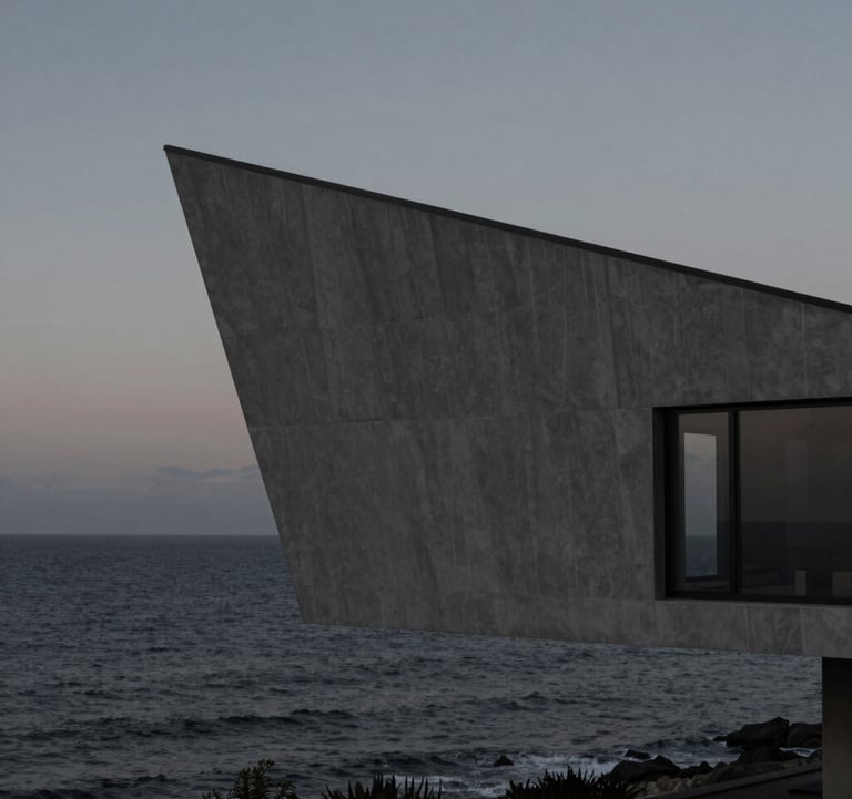 An architectural photography of a sharp-edged modernist villa overlooking a calm, dark ocean at dusk. Muted grey tones, deep black textures, and soft cinematic lighting. North American / International.