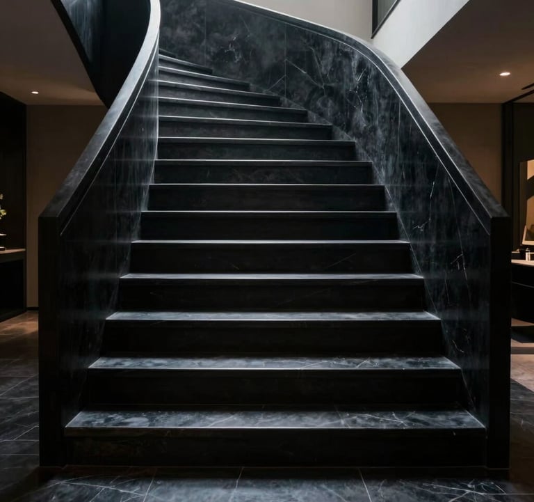 Low-key photography of a minimalist black stone staircase in a luxury residence, soft natural light from above creating deep cinematic shadows, North American / International context.