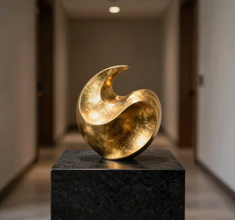Detailed shot of a minimalist gold sculpture sitting on a matte black stone pedestal in a dimly lit hallway. Soft lighting highlights the metallic texture. North American / International style.