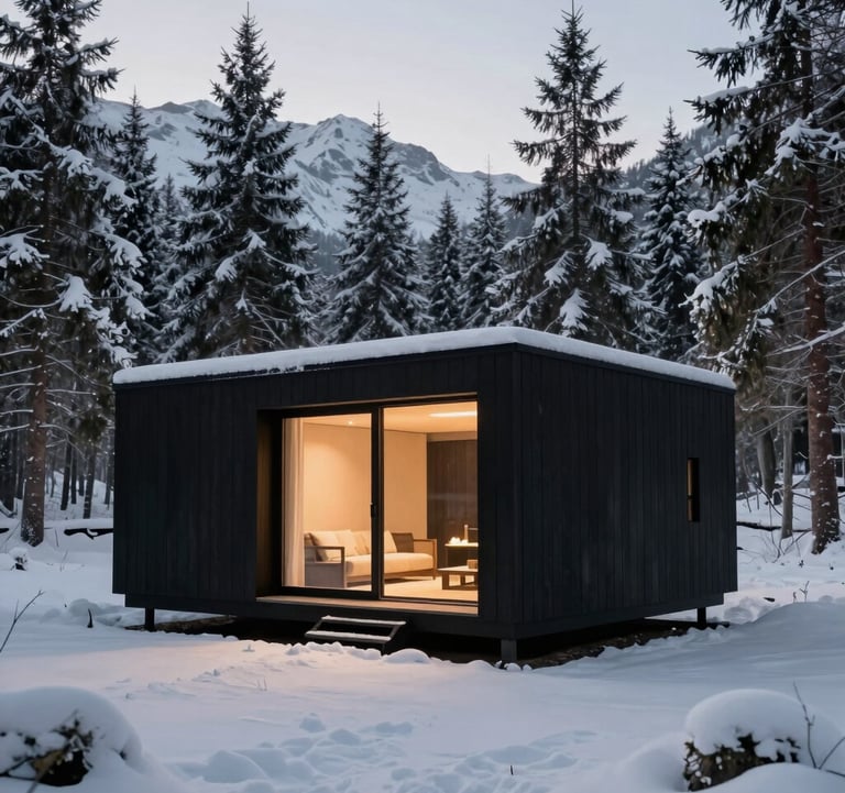 A luxury photography of a minimalist black timber cabin set against a snow-covered alpine forest. Soft, warm ambient light glows from within. High architectural precision, cinematic mood, monochromatic palette. North American / International.