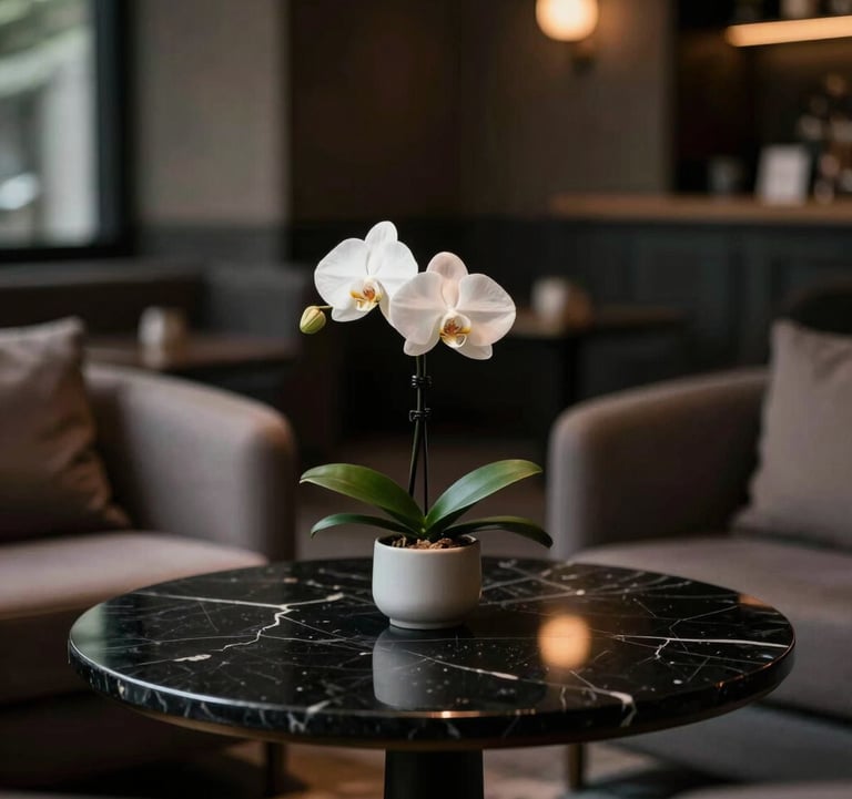 Interior photography of a dimly lit private lounge featuring a sleek black marble table and a single white orchid, soft focus background, quiet luxury mood, North American / International editorial style.