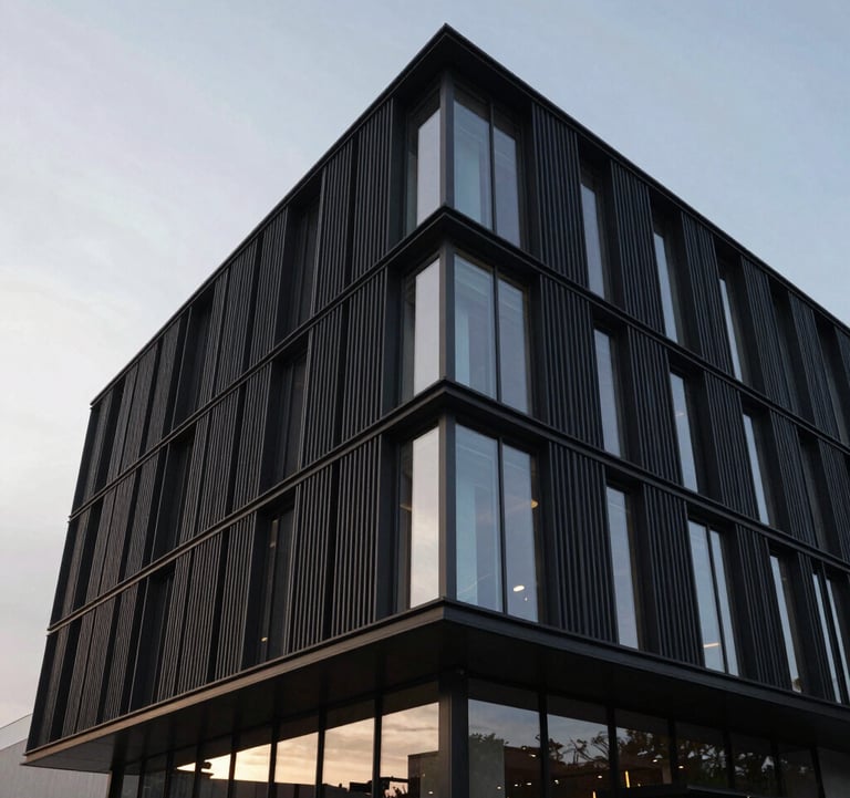 A low-angle shot of a minimalist black steel and glass facade of a modern gallery against a pale morning sky. Architectural precision, clean lines, and no distracting elements. Professional photography in a North American / International setting.