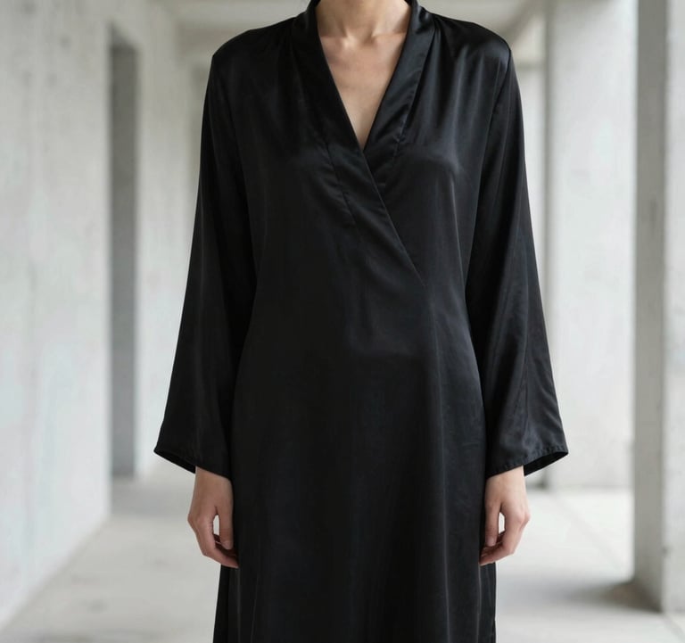 A high-fashion editorial shot of a person in a minimalist black silk garment, standing in a brightly lit white concrete corridor. Face obscured to focus on form and texture. North American / International style, soft contrast.