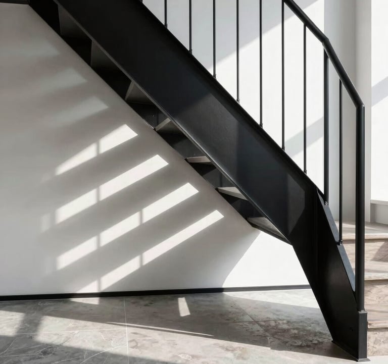 An architectural detail shot of a black steel staircase inside a high-end North American / International home. Sharp geometric shadows, natural sunlight hitting a white wall, and a muted grey stone floor. High contrast, clean, and silent luxury aesthetic.