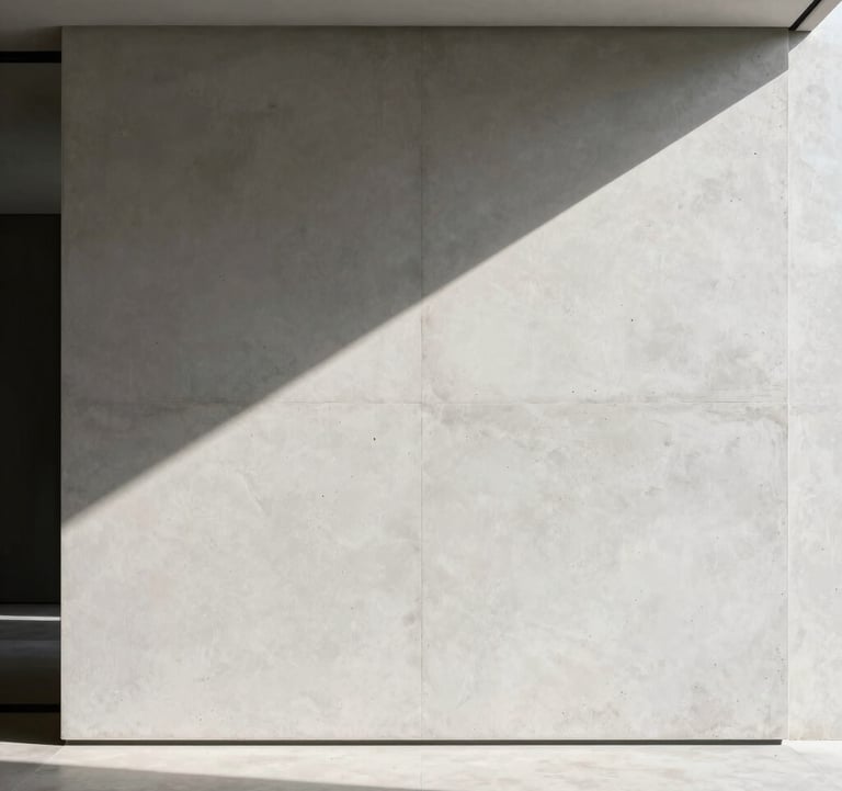 Minimalist architectural photography of a dramatic shadow falling across a white textured concrete wall in a high-end luxury home. North American / International style.