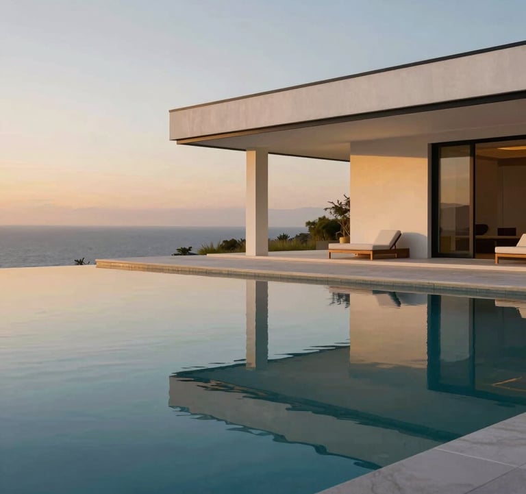 A minimalist infinity pool at dusk. The water is perfectly still, reflecting a white and pure black modern pavilion. Soft warm gold lighting emanates from the building. North American / International setting, serene and quiet atmosphere.
