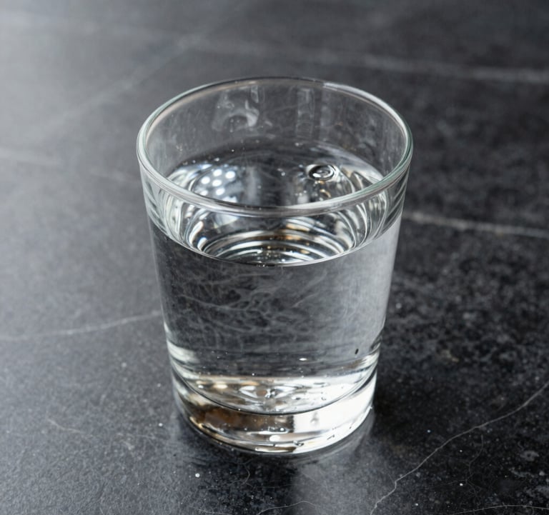 A macro shot of a single crystal glass of water on a black marble table. Sharp focus on the refractive light and the texture of the stone. Muted grey and white tones, very clean and minimalist composition.