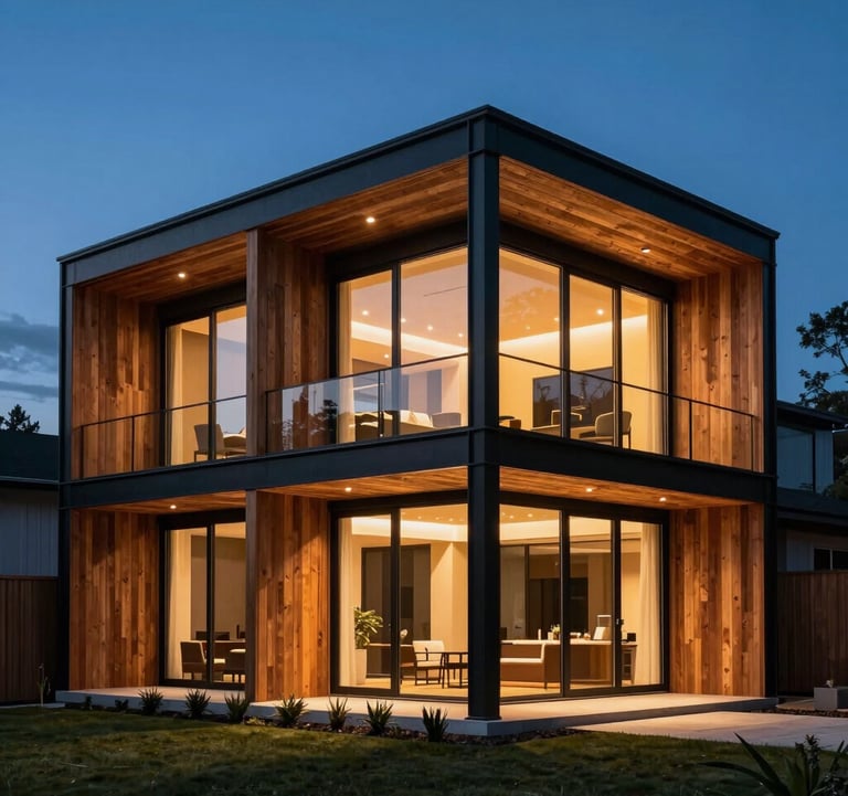 Exterior view of a contemporary architectural villa made of dark wood and black steel, illuminated by warm interior lights against a deep blue twilight sky. North American / International setting.