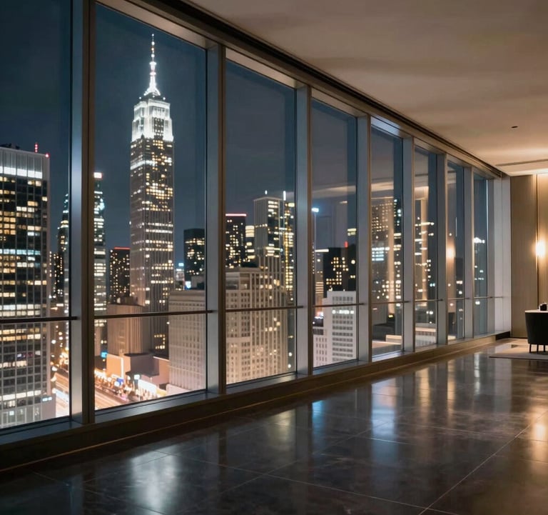 A high-end interior photography of a modern skyscraper penthouse with floor-to-ceiling glass windows overlooking a blurred city skyline at night. Sophisticated reflections of white and gold light on a polished dark floor. North American / International.