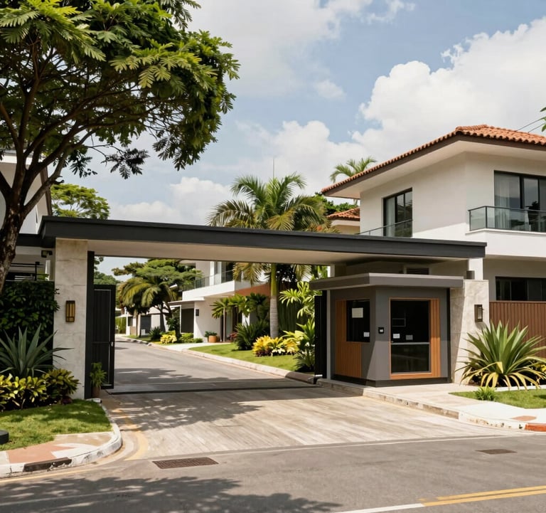 A luxury estate entrance within a gated community in Cotia. Wide paved streets, lush greenery, and contemporary security booth architecture. Bright daylight, South American / Brazilian upscale lifestyle vibes.