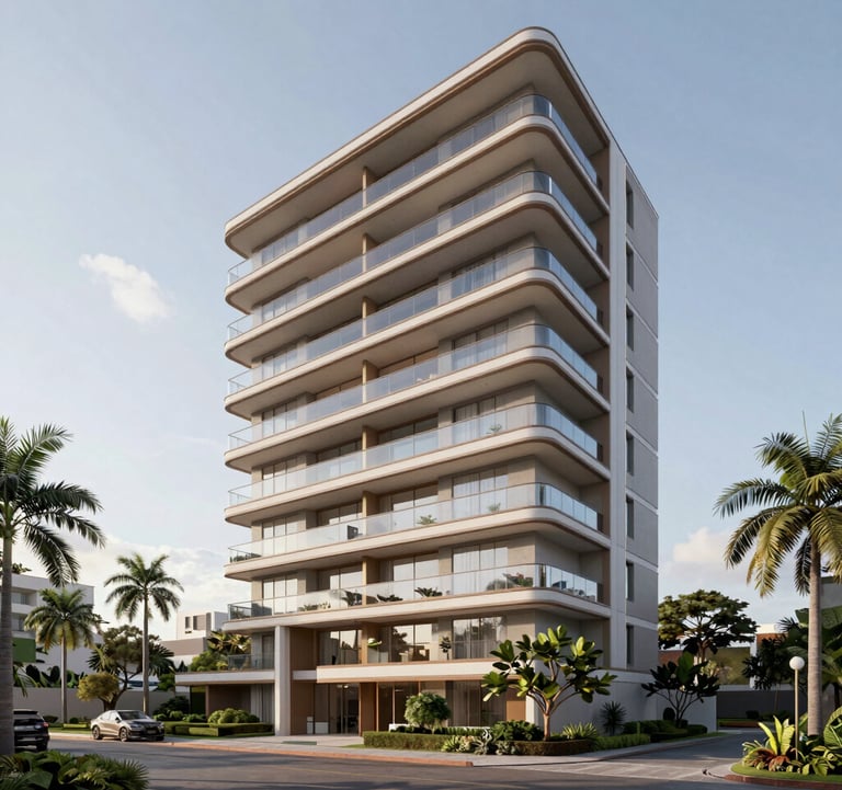 Exterior shot of a sophisticated high-end residential complex in Barueri. Modern lines, glass balconies, and manicured tropical landscaping under a clear sky. South American / Brazilian high-society architecture.