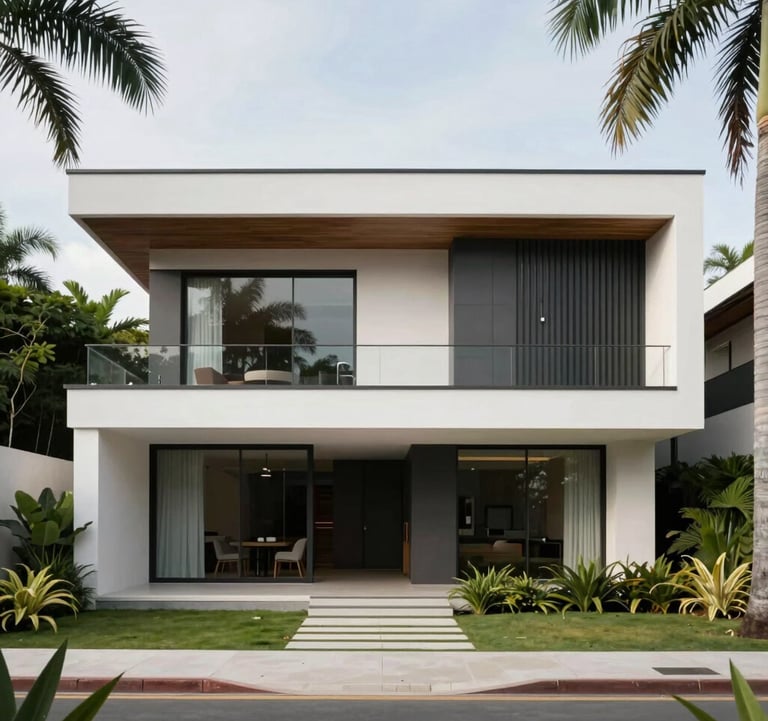 A stunning front view of a luxury house in Cotia, Brazil, showcasing modern architecture with white walls and dark gray accents surrounded by tropical greenery.