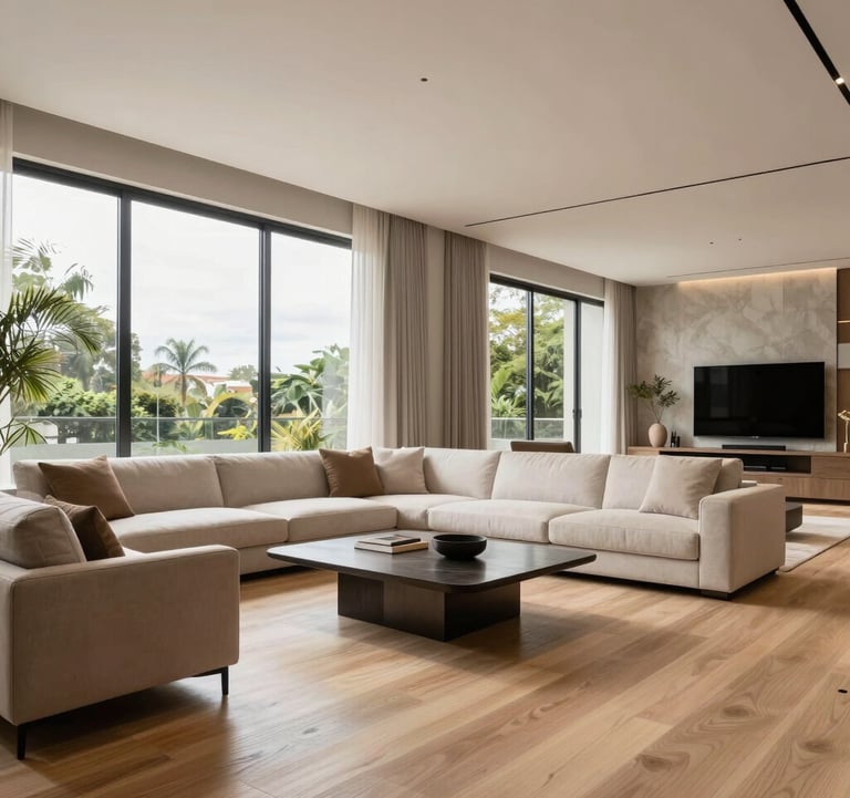 A high-end architectural photograph of a luxury property interior in Barueri. The room features minimalist designer furniture, light wood flooring, and large windows that invite natural daylight. The style is modern, clean, and premium, typical of a South American / Brazilian elite residence.