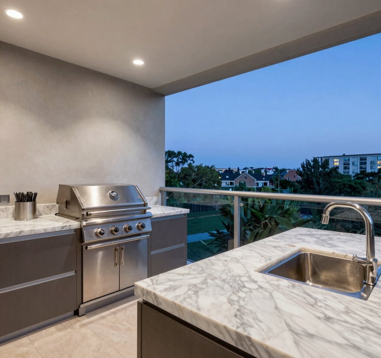 A professional real estate photograph of a gourmet balcony in a high-standard apartment in Alphaville. The space includes a modern grill area, marble countertops, and a view of a green urban landscape at twilight. Sophisticated and exclusive atmosphere.