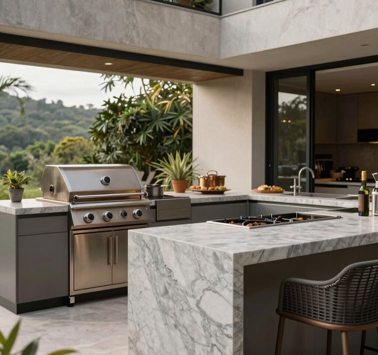 Gourmet area of a luxury house in Brazil, featuring a modern barbecue, light gray marble countertops, and high-end outdoor furniture.