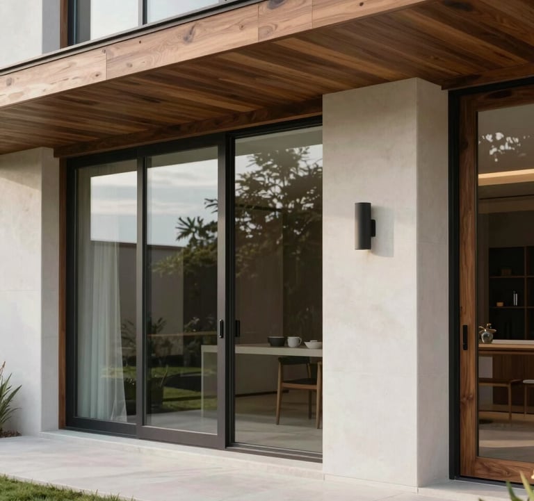 A close-up of high-quality architectural finishes on a luxury home in Granja Viana, showing wood, glass, and white concrete. Soft natural light, sophisticated South American residential design.