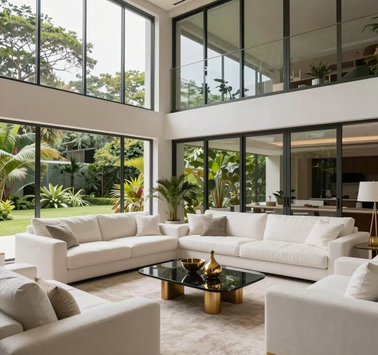 Spacious living room with high ceilings, large windows overlooking a lush garden in Vargem Grande Paulista, white sofas and gold decorative objects.
