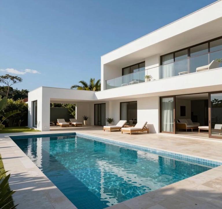 Luxury villa in Granja Viana, Brazil, featuring a minimalist swimming pool and white architectural structures under a clear bright sky. Sophisticated South American residential design.