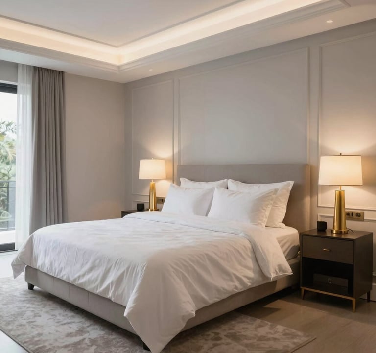 Elegant master suite of a high-end Brazilian home, showing off-white bedding, light gray walls, and gold accent lamps, sophisticated interior design.