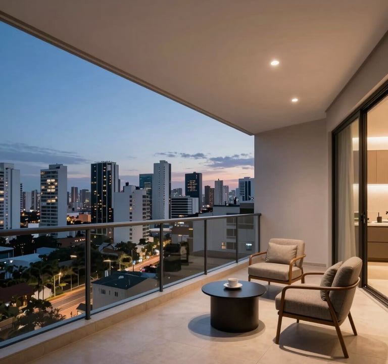 Professional photography of a contemporary apartment balcony in Barueri with a view of the city skyline at dusk. Modern furniture and clean lighting.