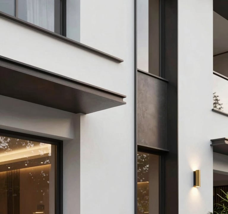 A detail-oriented shot of a luxury property facade in Vargem Grande Paulista. The image showcases clean white walls, dark charcoal metal accents, and a touch of gold from the elegant exterior lighting. Modern South American / Brazilian residential design.