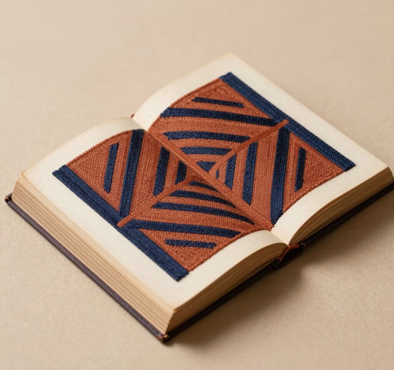 An open antique book on a clean sand-colored surface, its pages adorned with terracotta and deep navy embroidery creating an abstract geometric pattern. Professional studio lighting with soft, editorial shadows.