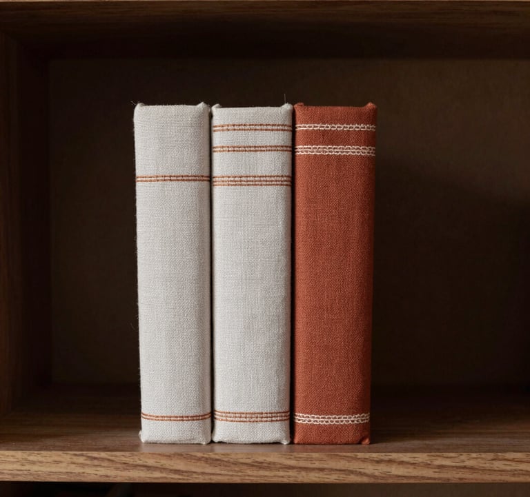 A collection of three embroidered books standing vertically on a minimalist walnut shelf, showing textured spines with intricate needlework in muted off-white and terracotta. High-end interior setting.