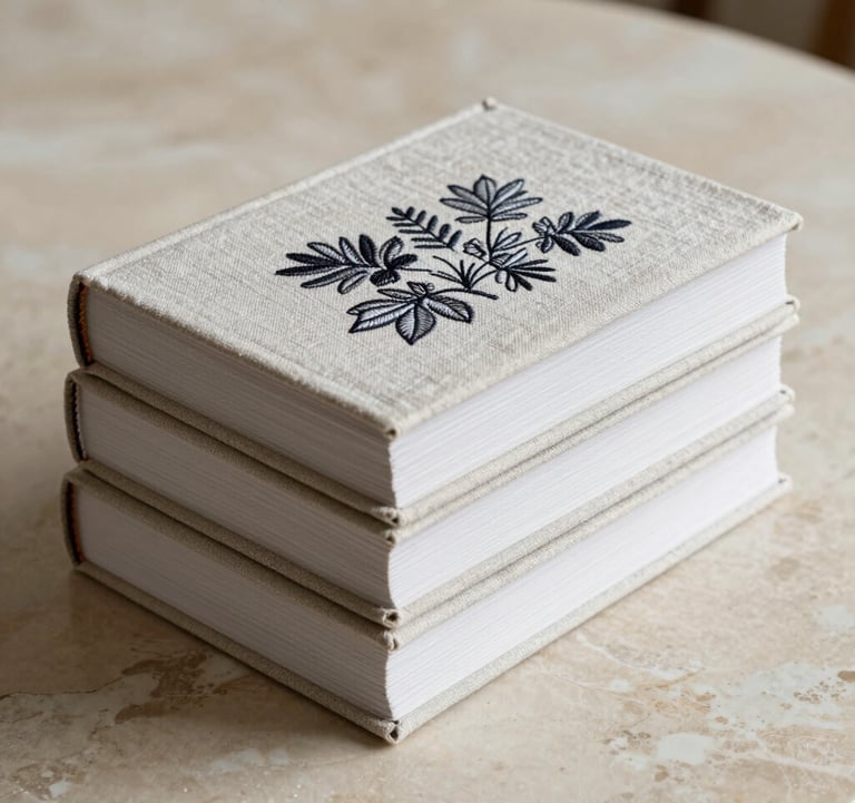 A stack of fine linen-bound books with monochromatic embroidery, resting on a beige marble surface. Soft daylight, clean lines, and an editorial composition that evokes the feeling of a high-end North American interior design studio.