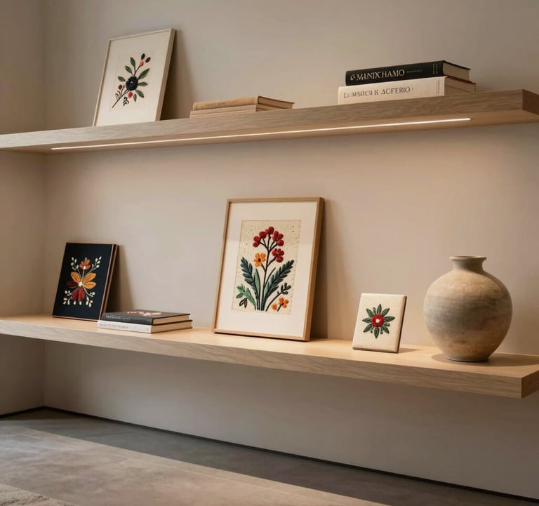An editorial wide shot of a minimalist gallery shelf in a luxury North American home. Several embroidered art books are displayed as sculptures next to a neutral ceramic vase. The lighting is warm and serene, emphasizing visual breathing room.