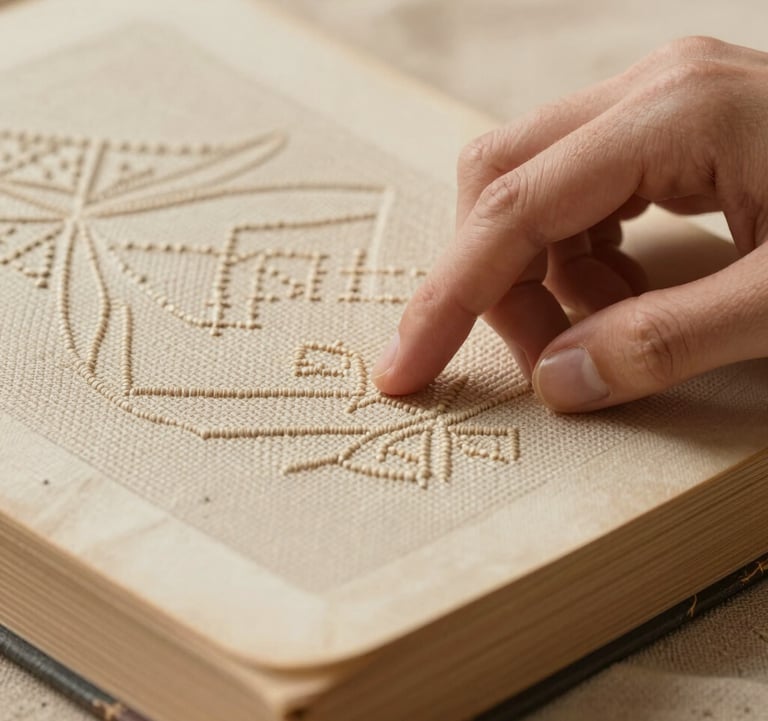 A close-up photograph of a hand gently touching the raised texture of a needlework pattern on a vintage book spine. Soft sand and warm beige tones.