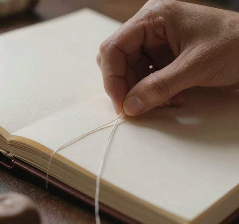 Close-up of artisan hands meticulously stitching fine silk thread into a heavy paper book leaf. The lighting is soft and cinematic, highlighting the texture of the paper and thread. Professional photography, North American luxury studio aesthetic.