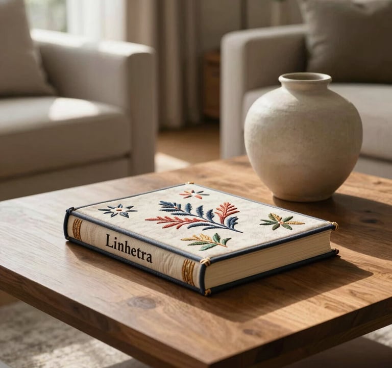 A luxury North American living room with a Linhetra embroidered book styled on a low oak coffee table next to a matte ceramic vase. Warm, morning light creates a peaceful atmosphere.