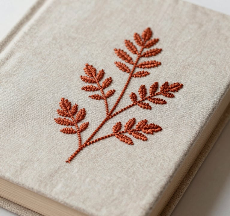 A close-up photograph of a vintage linen book cover featuring delicate, hand-stitched botanical embroidery in terracotta thread. Calm, artistic composition for a luxury interior brand.