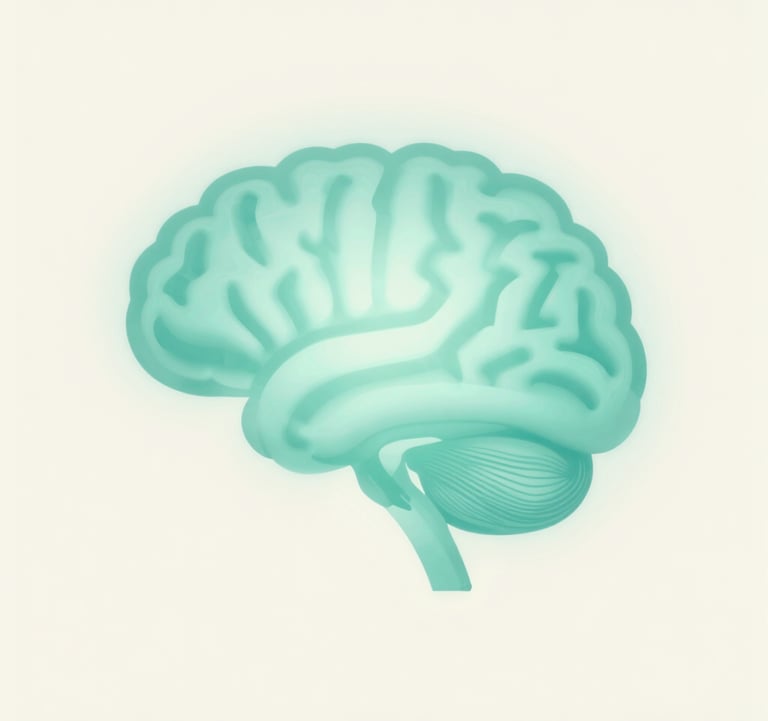 A minimalist and modern conceptual image of a quiet brain silhouette made of soft light rays, surrounded by a peaceful teal glow (#2E7D8C). The background is a clean, off-white #F7FCFA, symbolizing clarity and digital detox.