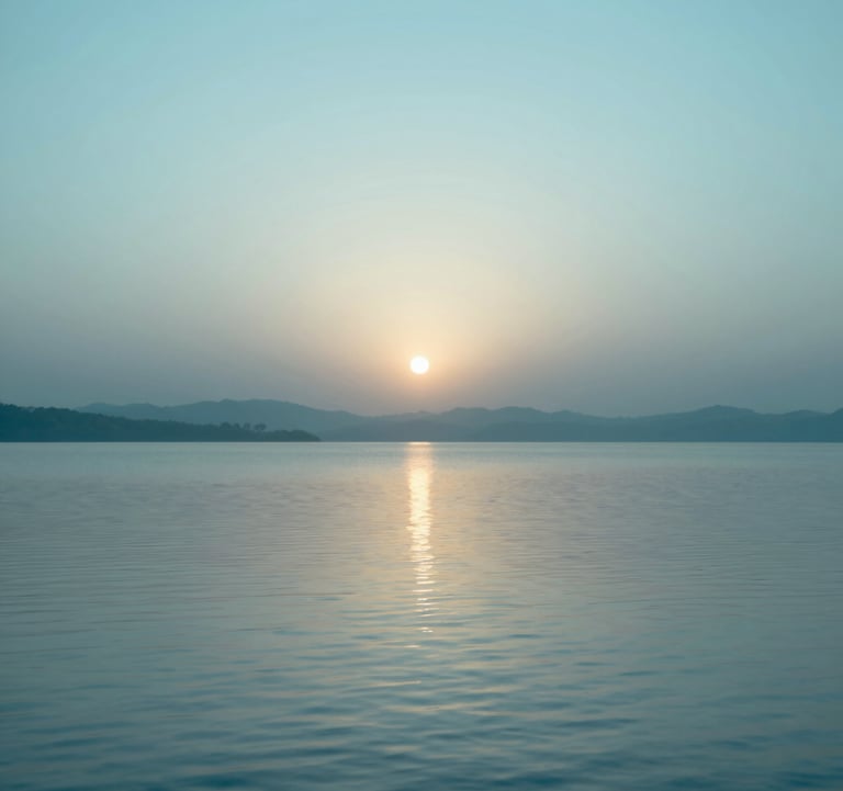 An artistic representation of a sunrise over a calm lake, with ripples moving slowly. The palette uses soft #2E7D8C blues and #F7FCFA highlights. The style is modern, clean, and evokes a sense of spiritual renewal and hope.