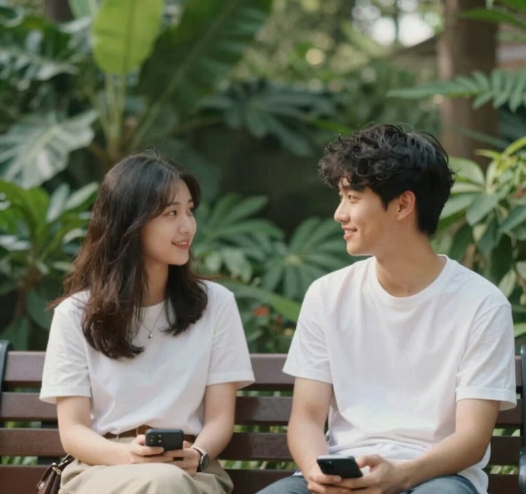 A warm and inviting photo of two young adults sitting on a bench in a lush garden, talking face-to-face with their phones put away. Soft natural lighting, deep green foliage, and a sense of genuine human connection and relief.
