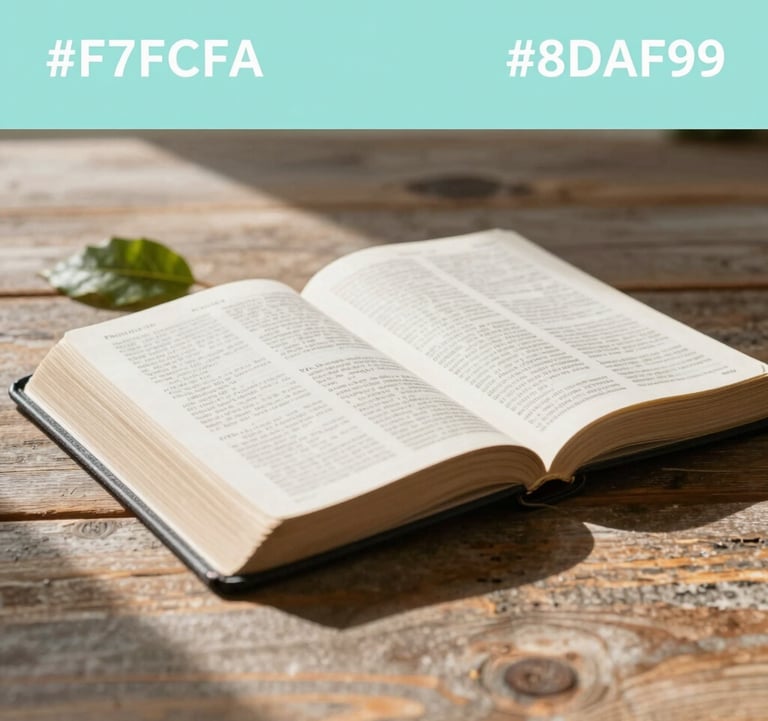 An open Bible on a rustic wooden table, with soft morning sunlight catching the pages. A single green leaf sits beside it. The image is bright, peaceful, and clean, using the brand colors #F7FCFA and #8DAF9E.