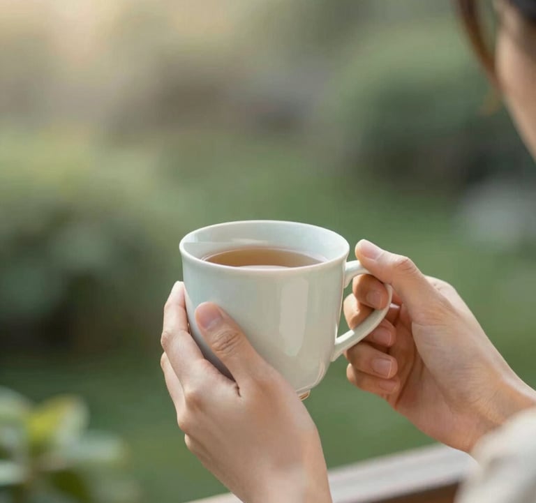 A close-up of a person's hands holding a simple ceramic mug of tea, looking out at a peaceful garden. No screens in sight. Soft, warm morning light, emphasizing #F7FCFA and soft #8DAF9E greens. High white space and airy feel.