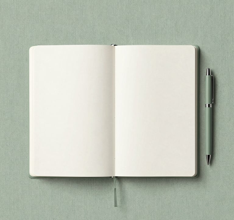 A minimalist, aesthetic flat-lay featuring a journal and a pen on a soft green linen surface #8DAF9E. The composition has plenty of white space #F7FCFA and a sense of inviting stillness. Suitable for reflecting on wisdom.